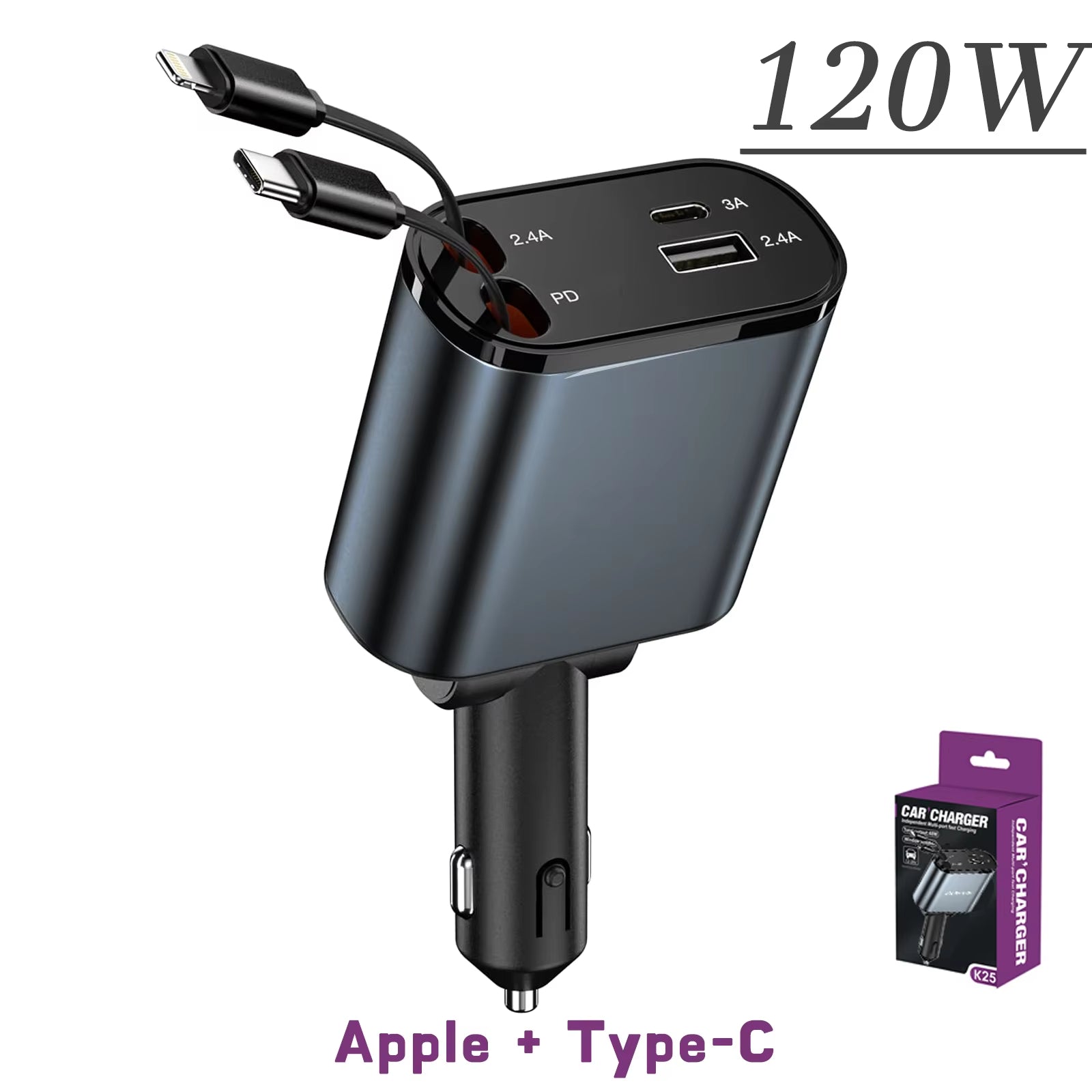 120/66W 4 in 1 Retractable Car Charger Mobile Phone USB PD Type C Cable for Iphone Fast Charge Cord QC Adapter