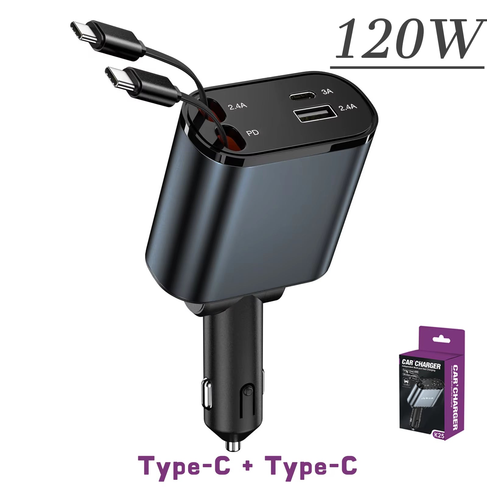 120/66W 4 in 1 Retractable Car Charger Mobile Phone USB PD Type C Cable for Iphone Fast Charge Cord QC Adapter