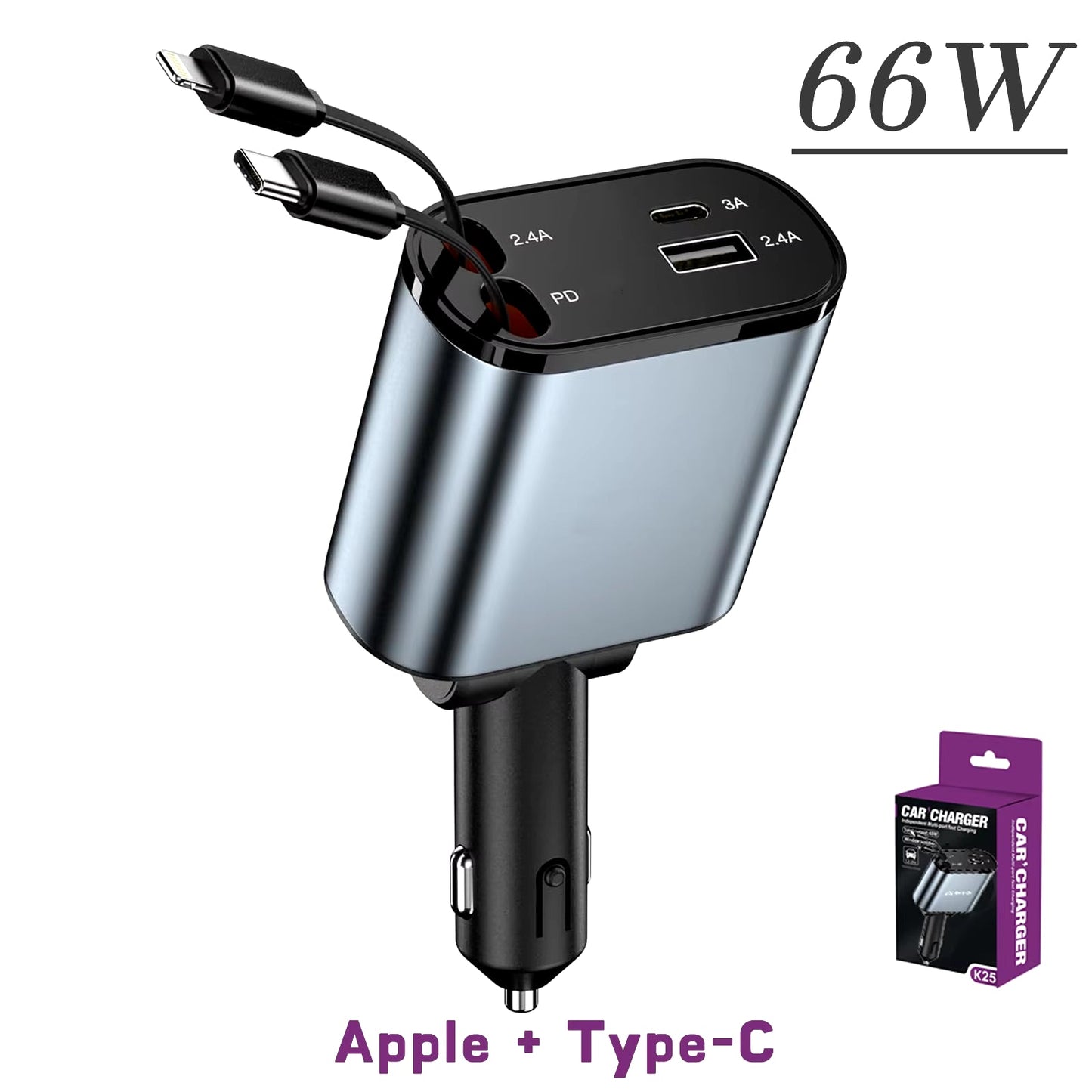 120/66W 4 in 1 Retractable Car Charger Mobile Phone USB PD Type C Cable for Iphone Fast Charge Cord QC Adapter