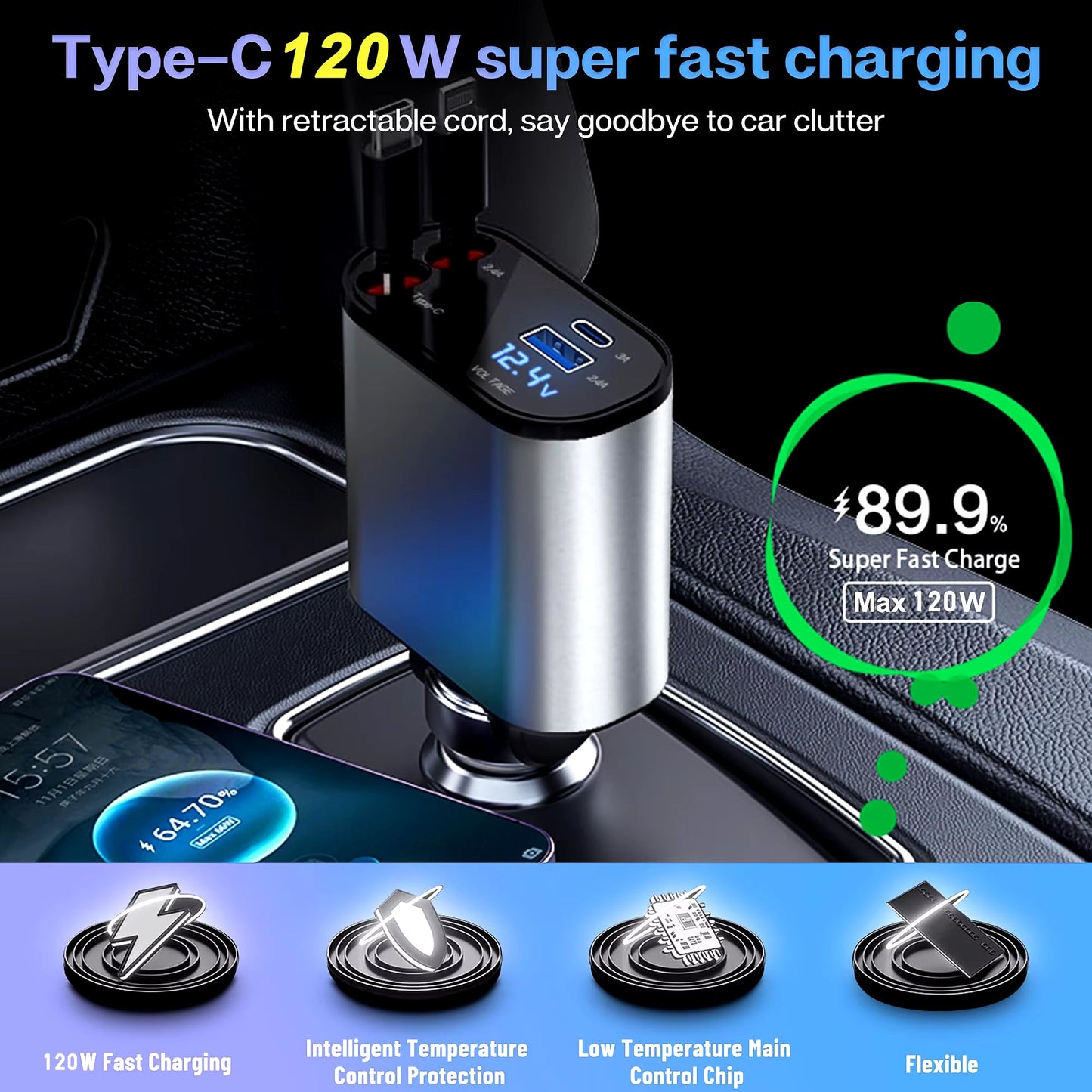 120/66W 4 in 1 Retractable Car Charger Mobile Phone USB PD Type C Cable for Iphone Fast Charge Cord QC Adapter