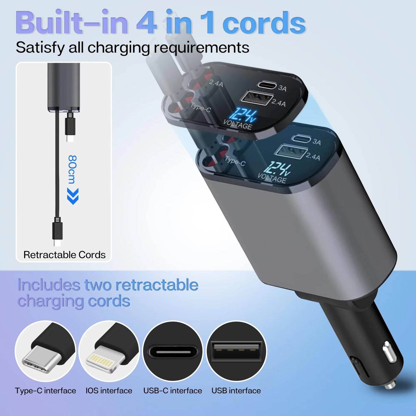 120/66W 4 in 1 Retractable Car Charger Mobile Phone USB PD Type C Cable for Iphone Fast Charge Cord QC Adapter